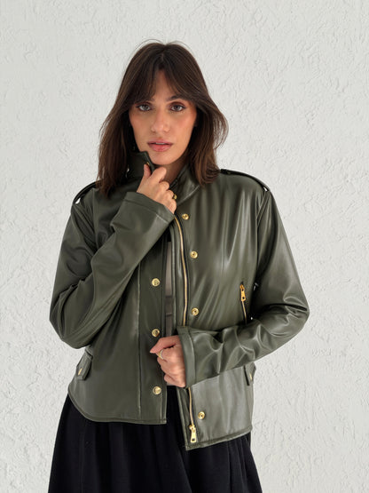 Faux Leather Jacket With Belt In Olive