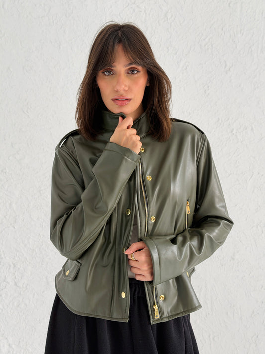 Faux Leather Jacket With Belt In Olive