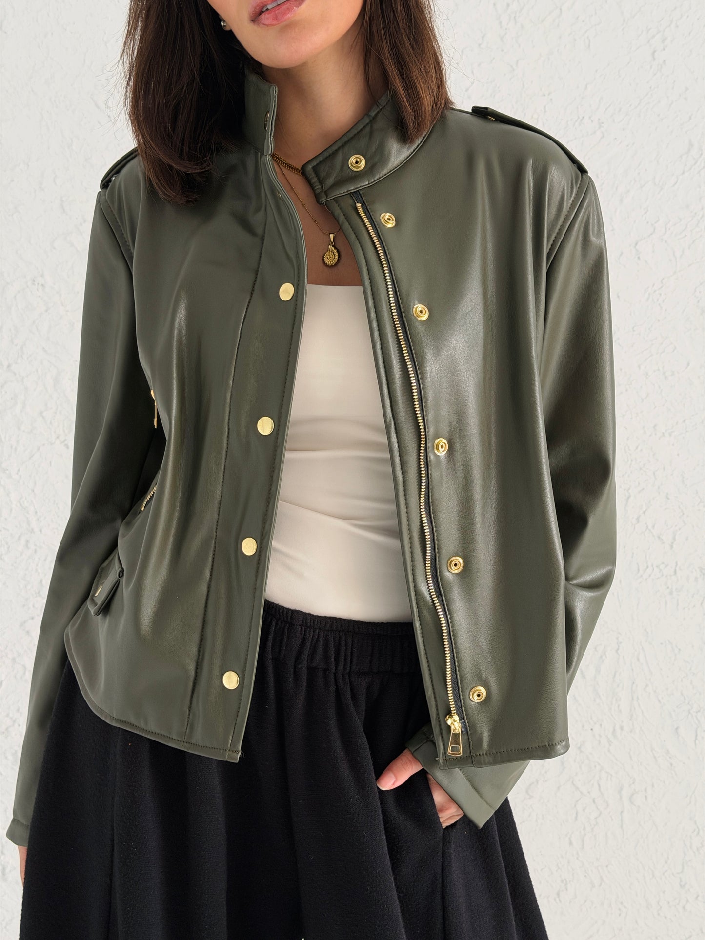 Faux Leather Jacket With Belt In Olive