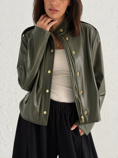 Faux Leather Jacket With Belt In Olive