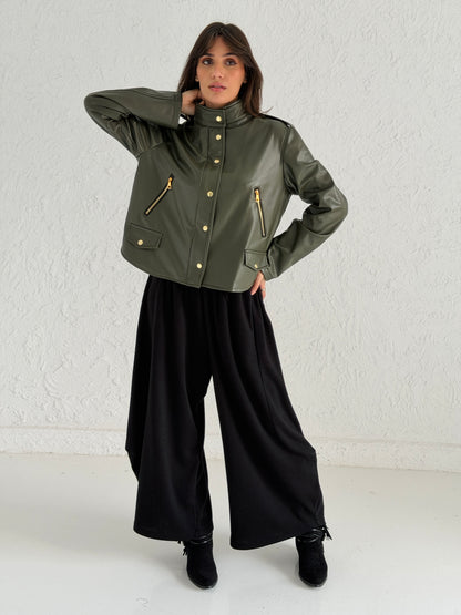 Faux Leather Jacket With Belt In Olive