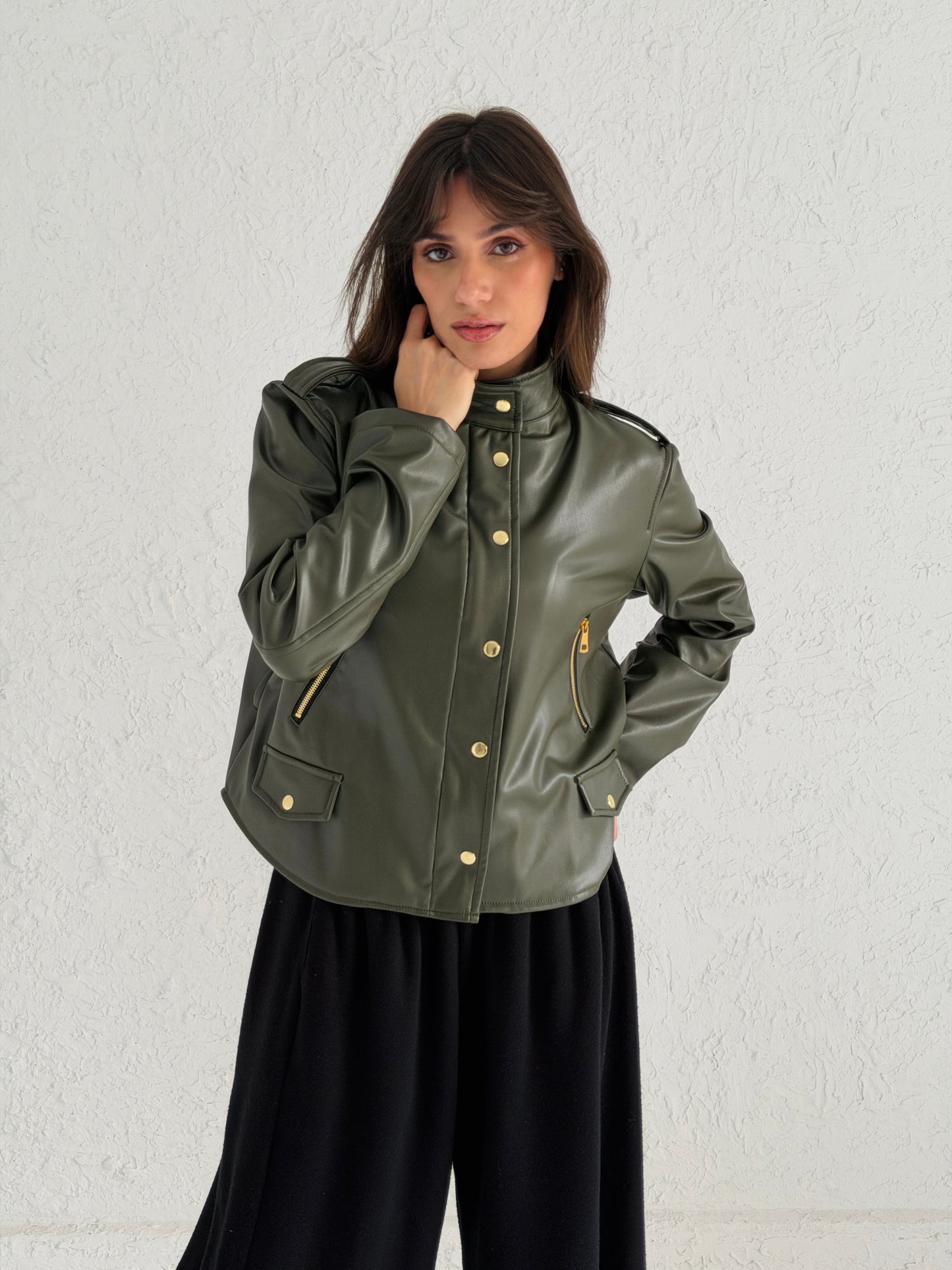 Faux Leather Jacket With Belt In Olive