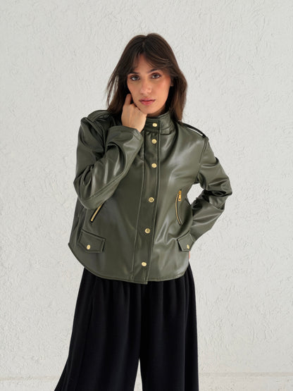 Faux Leather Jacket With Belt In Olive
