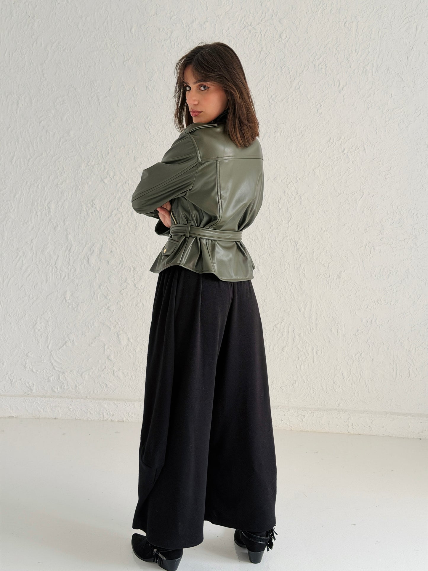 Faux Leather Jacket With Belt In Olive