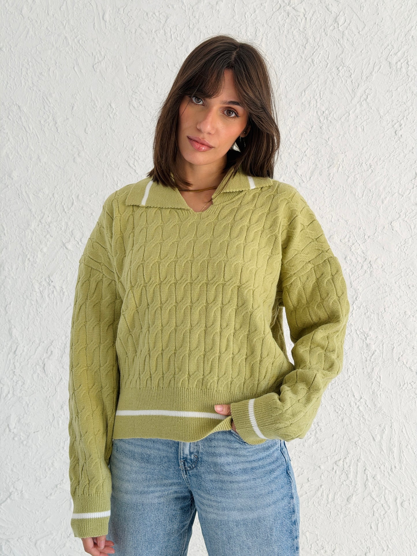 Polo Braided Sweater In Lime