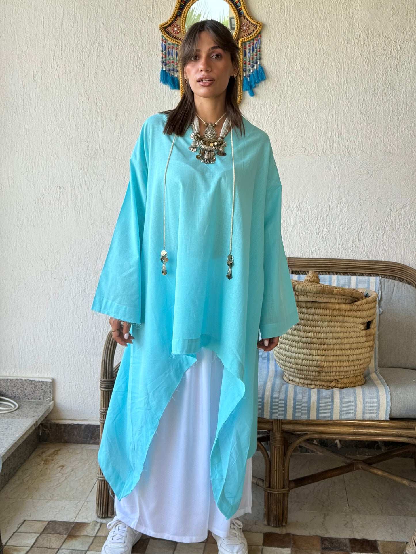 Linen High Low Shirt - Aqua