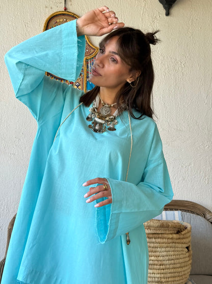Linen High Low Shirt - Aqua