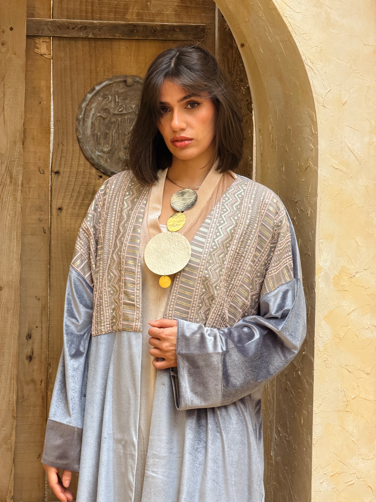 رَوْح — Rouh Embroidery velvet Abaya "grey"