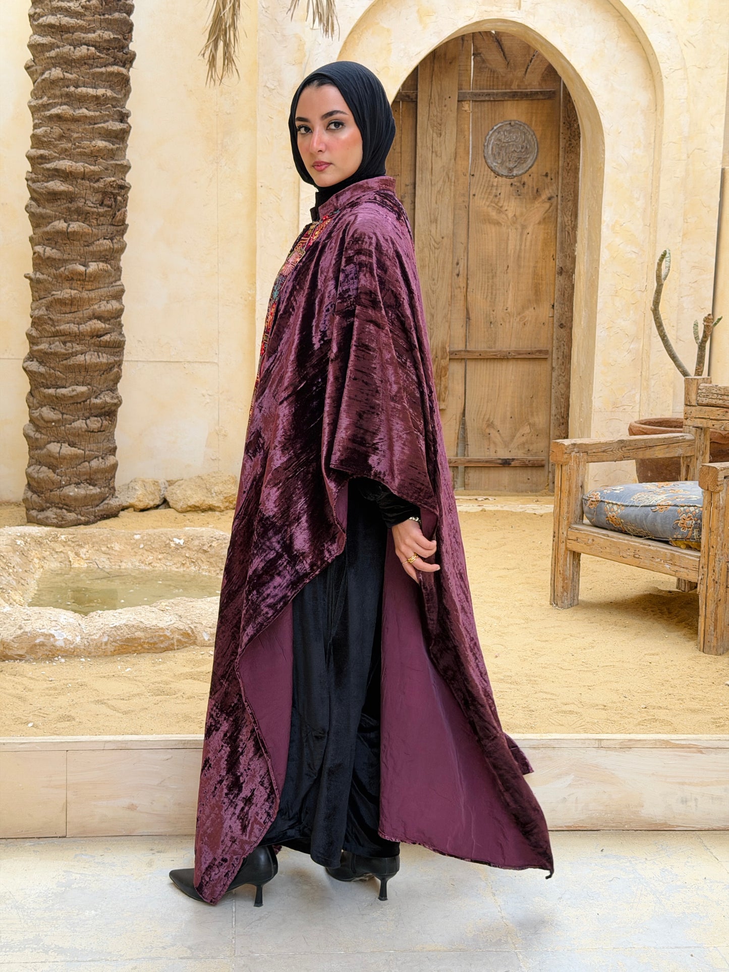 تَجَلِّي — Tagalli Luxury Crushed embroidery Velvet Cape " burgundy "