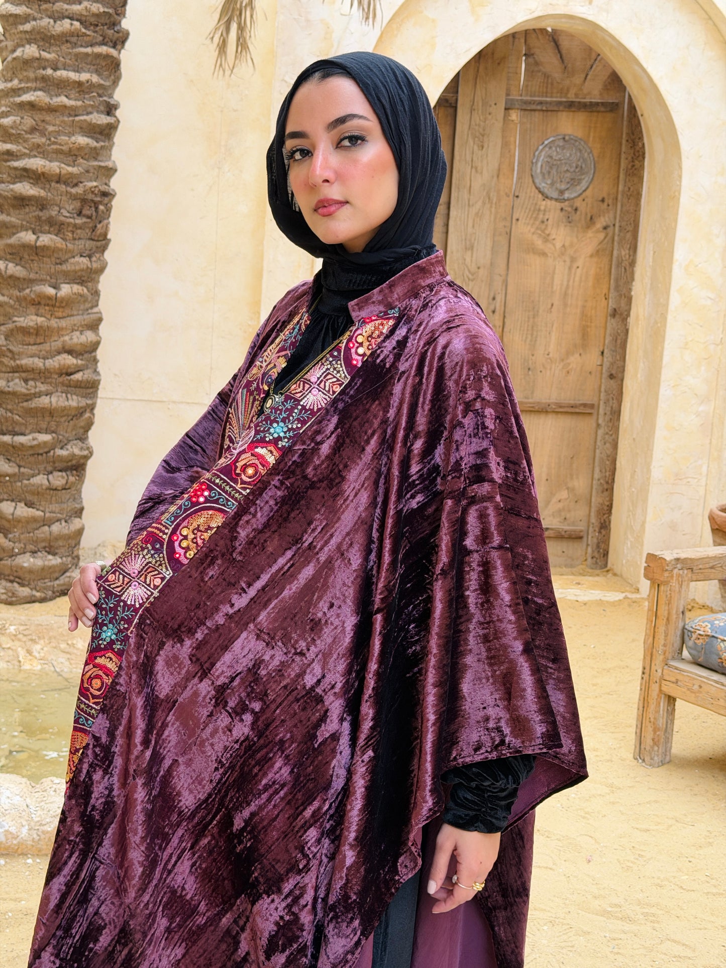 تَجَلِّي — Tagalli Luxury Crushed embroidery Velvet Cape " burgundy "