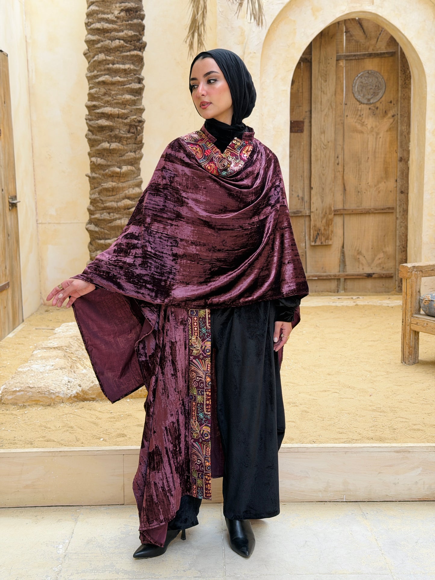 تَجَلِّي — Tagalli Luxury Crushed embroidery Velvet Cape " burgundy "
