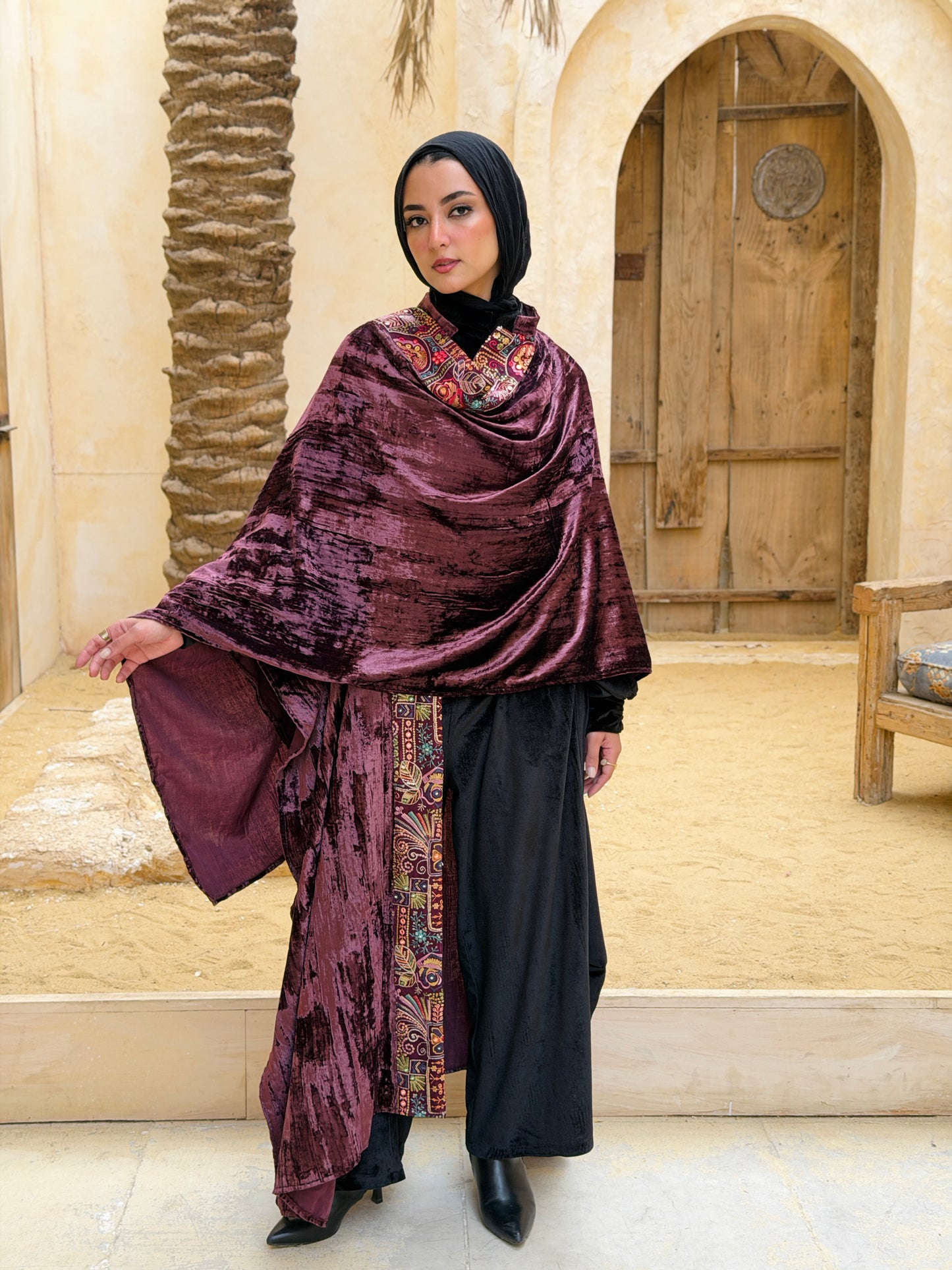 تَجَلِّي — Tagalli Luxury Crushed embroidery Velvet Cape " burgundy "
