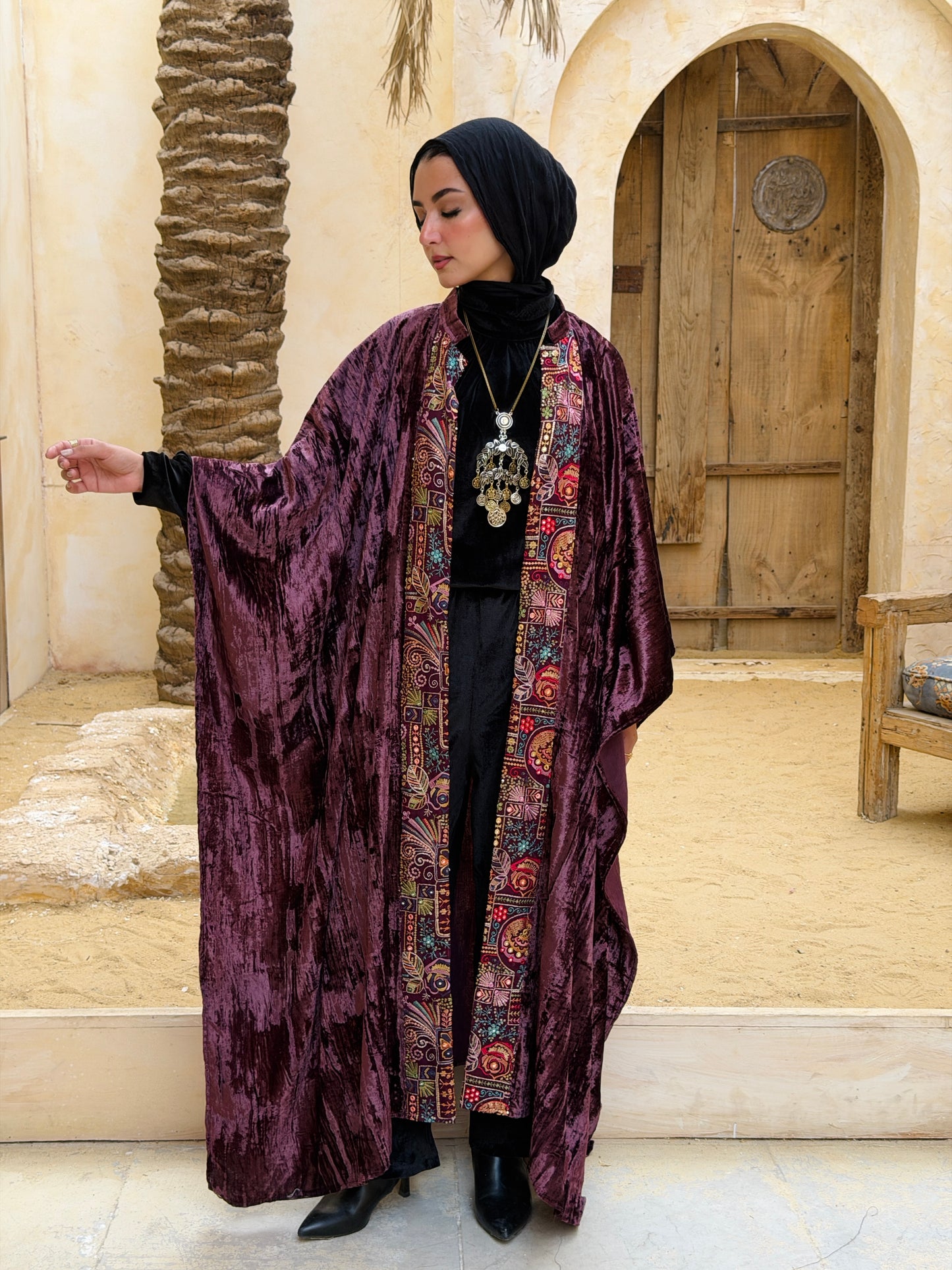 تَجَلِّي — Tagalli Luxury Crushed embroidery Velvet Cape " burgundy "