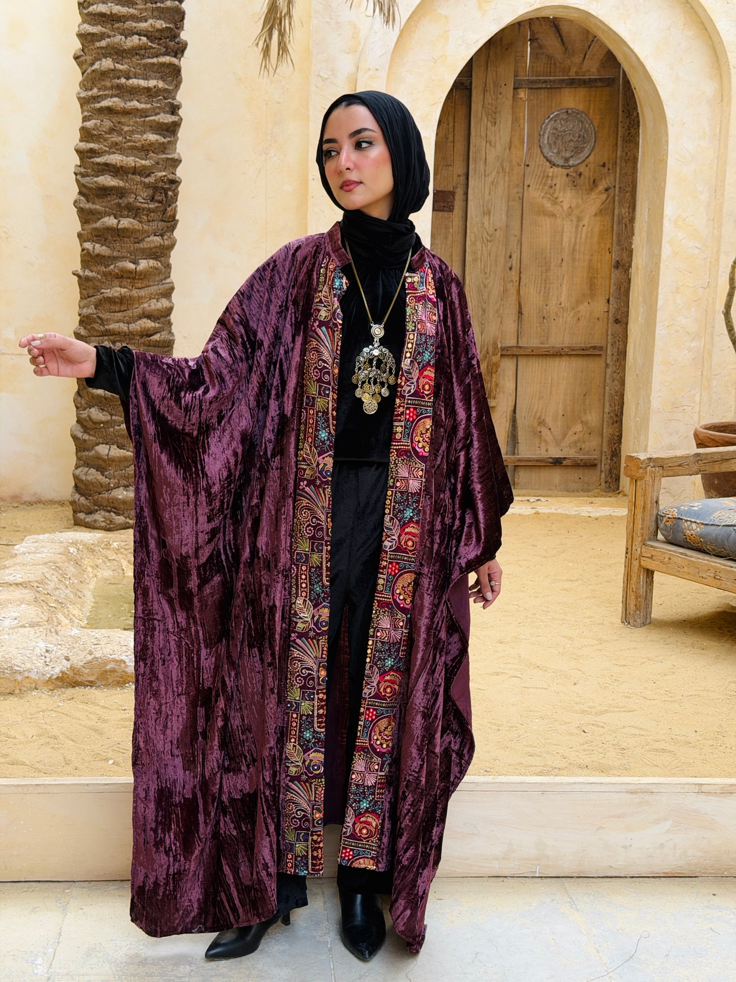 تَجَلِّي — Tagalli Luxury Crushed embroidery Velvet Cape " burgundy "