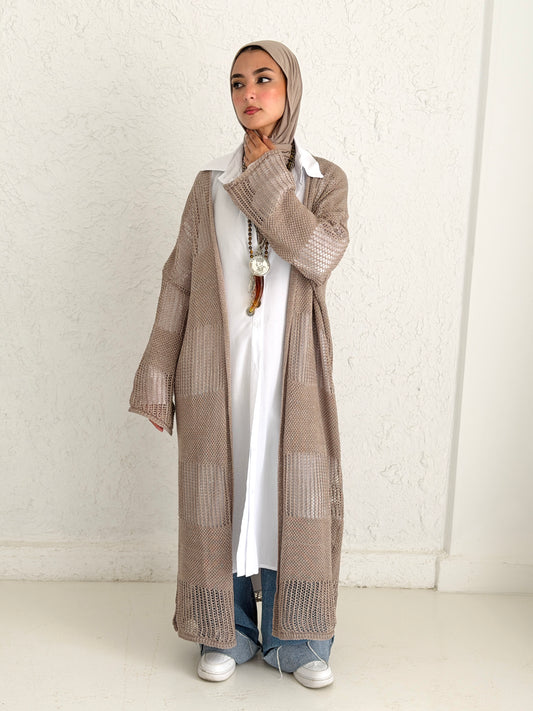 Eclipse Shimmer Crochet Cardigan In Beige
