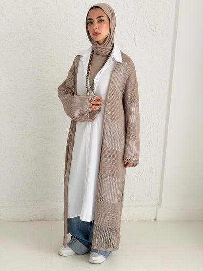 Eclipse Shimmer Crochet Cardigan In Beige
