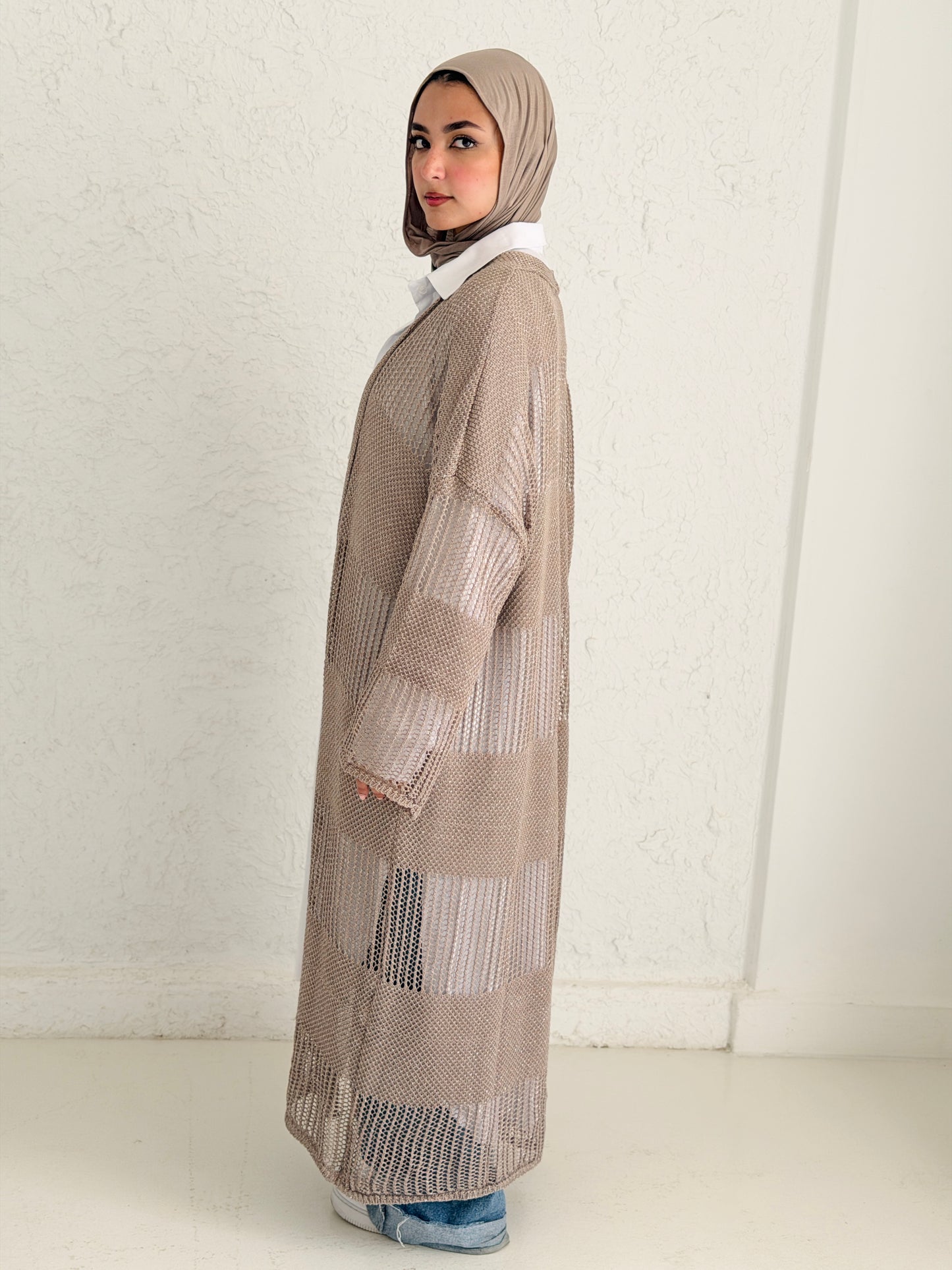 Eclipse Shimmer Crochet Cardigan In Beige