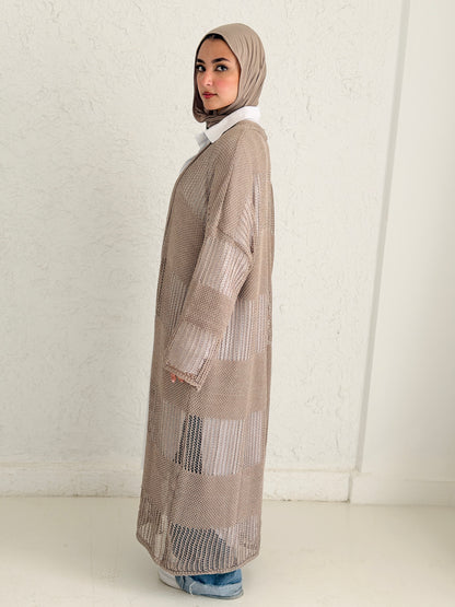 Eclipse Shimmer Crochet Cardigan In Beige