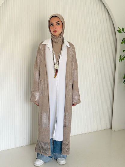 Eclipse Shimmer Crochet Cardigan In Beige
