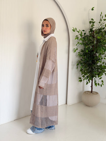 Eclipse Shimmer Crochet Cardigan In Beige