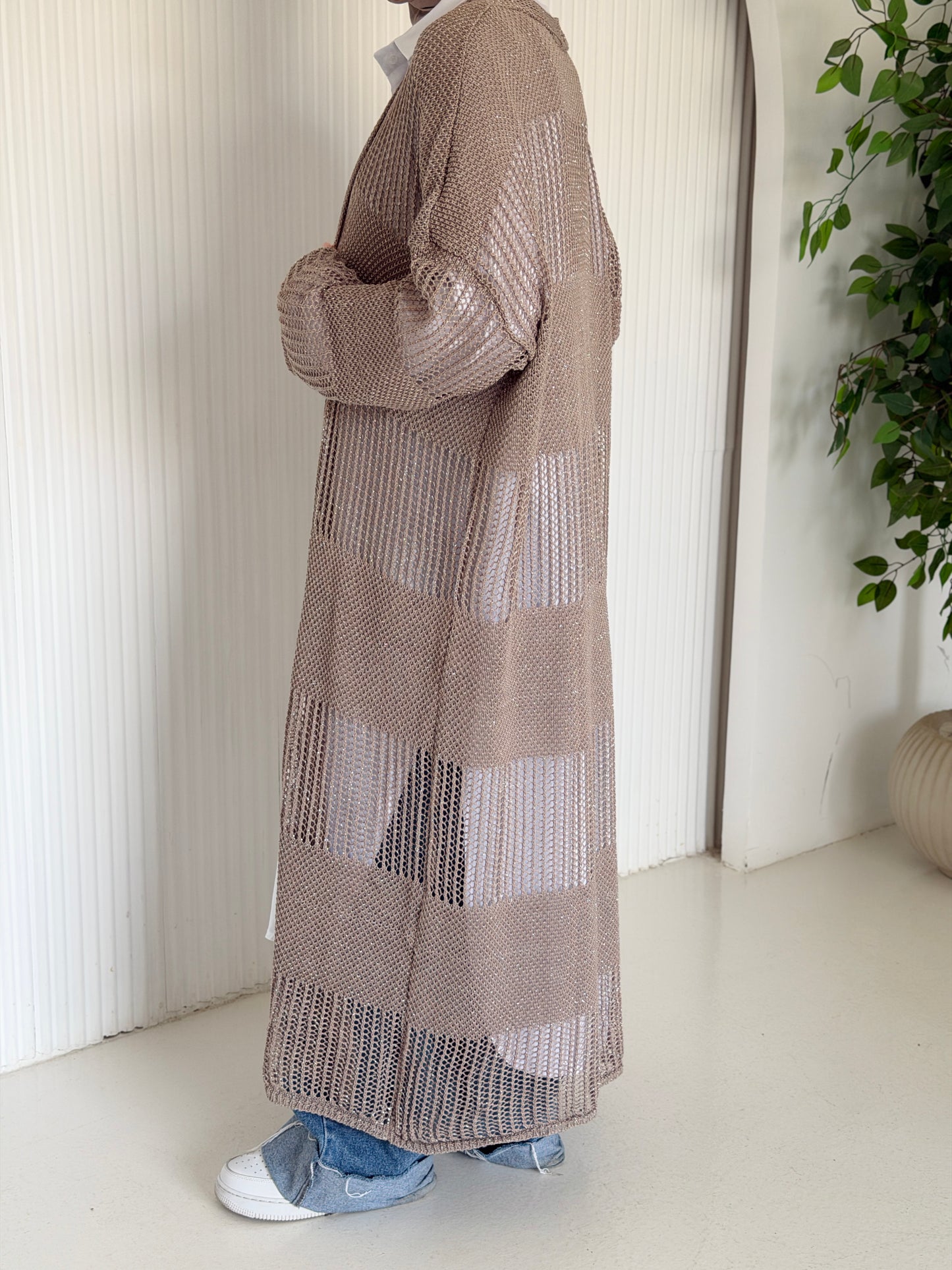 Eclipse Shimmer Crochet Cardigan In Beige