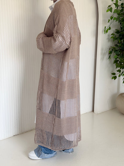 Eclipse Shimmer Crochet Cardigan In Beige