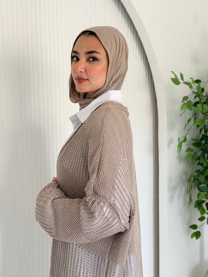 Eclipse Shimmer Crochet Cardigan In Beige
