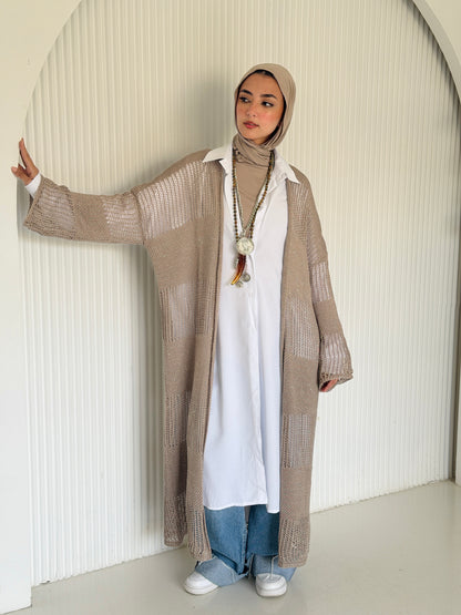 Eclipse Shimmer Crochet Cardigan In Beige