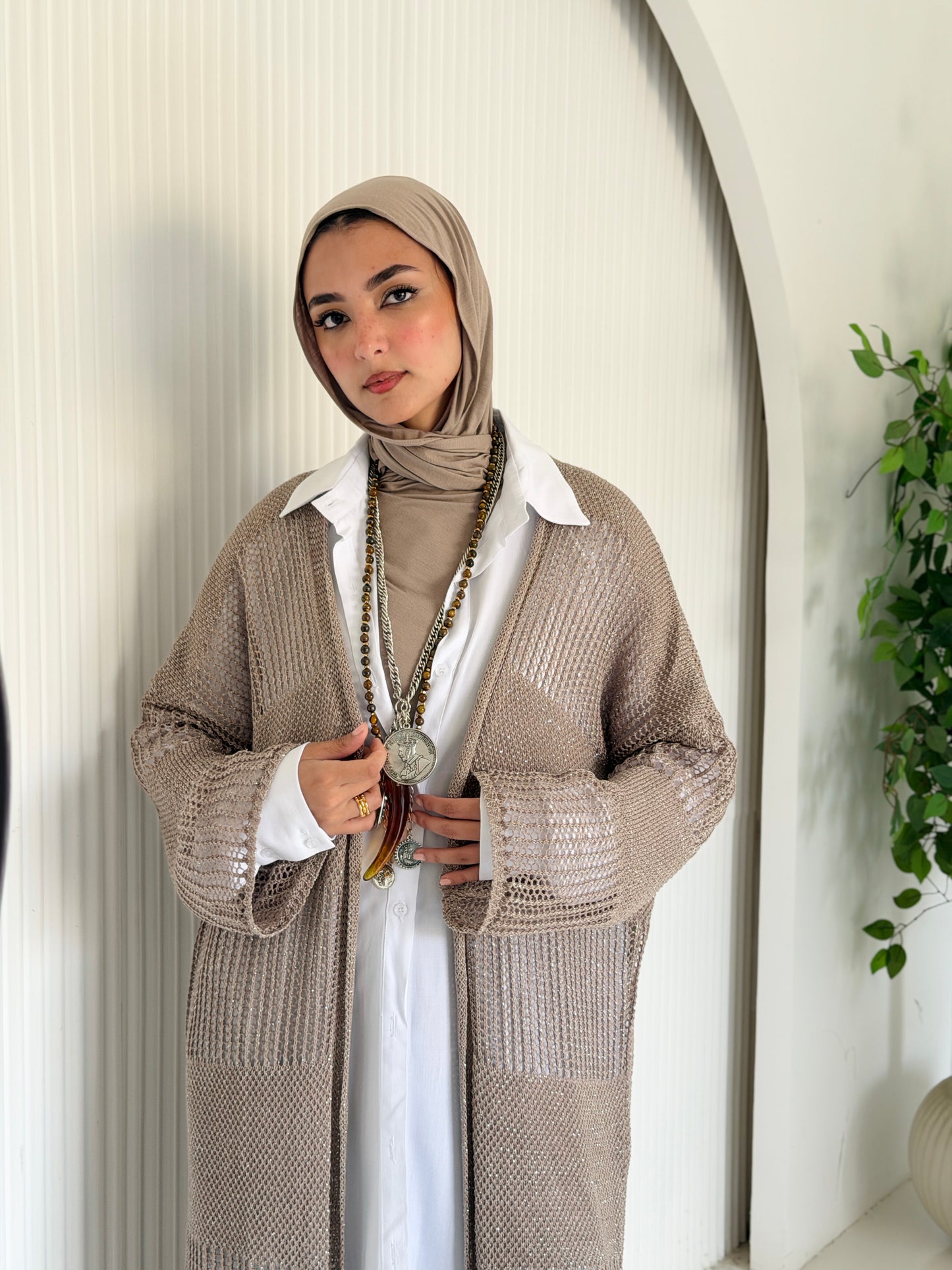 Eclipse Shimmer Crochet Cardigan In Beige