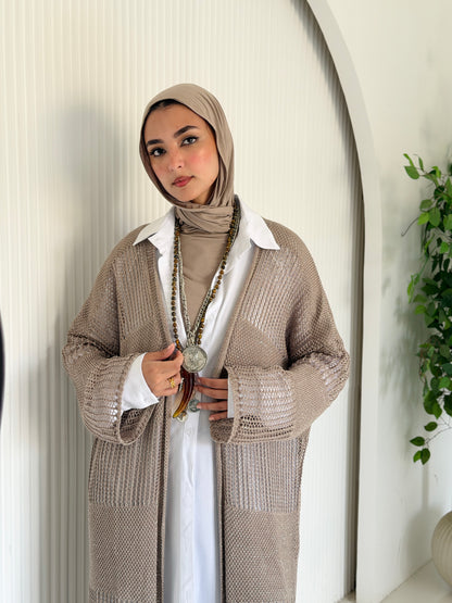 Eclipse Shimmer Crochet Cardigan In Beige