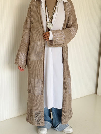 Eclipse Shimmer Crochet Cardigan In Beige