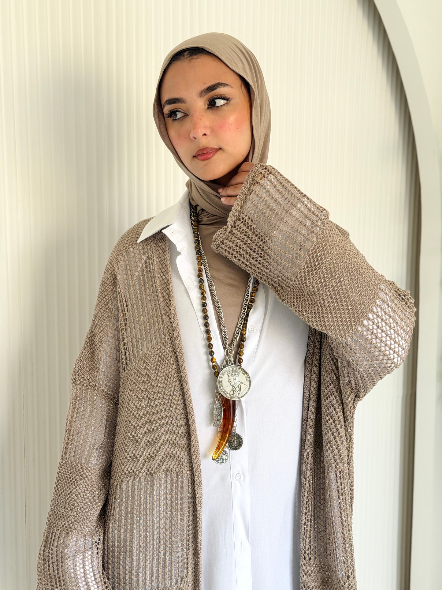 Eclipse Shimmer Crochet Cardigan In Beige