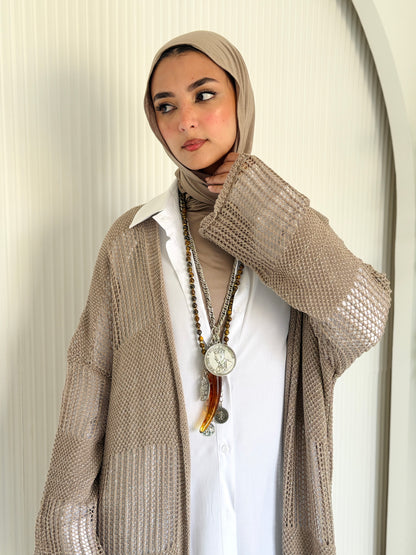 Eclipse Shimmer Crochet Cardigan In Beige