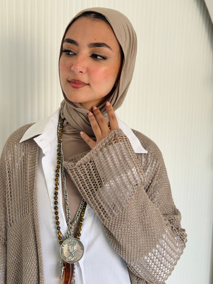 Eclipse Shimmer Crochet Cardigan In Beige