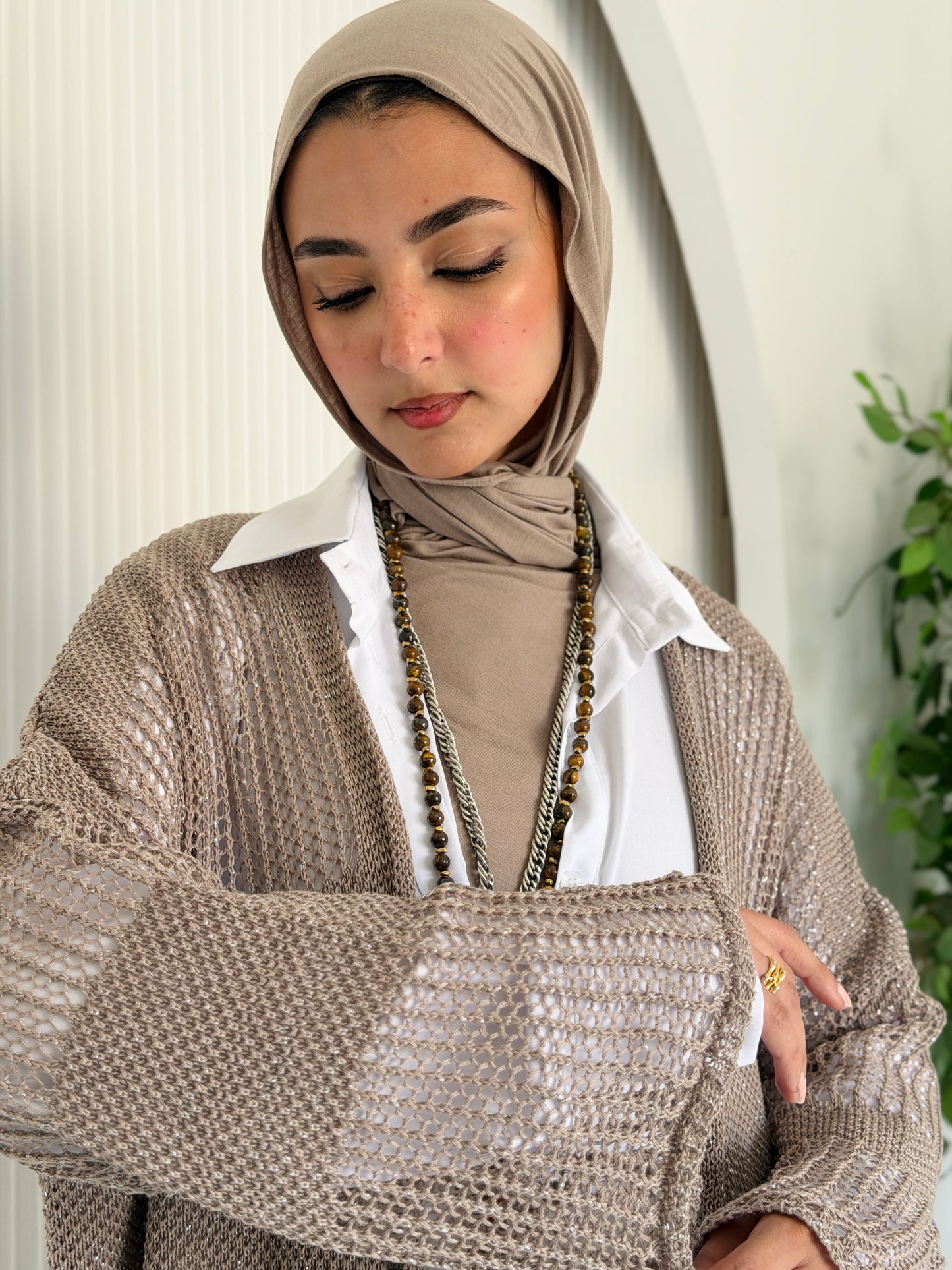 Eclipse Shimmer Crochet Cardigan In Beige