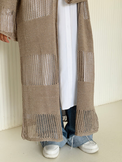 Eclipse Shimmer Crochet Cardigan In Beige