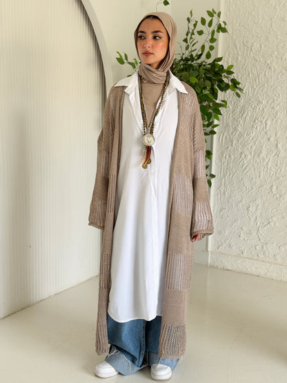 Eclipse Shimmer Crochet Cardigan In Beige