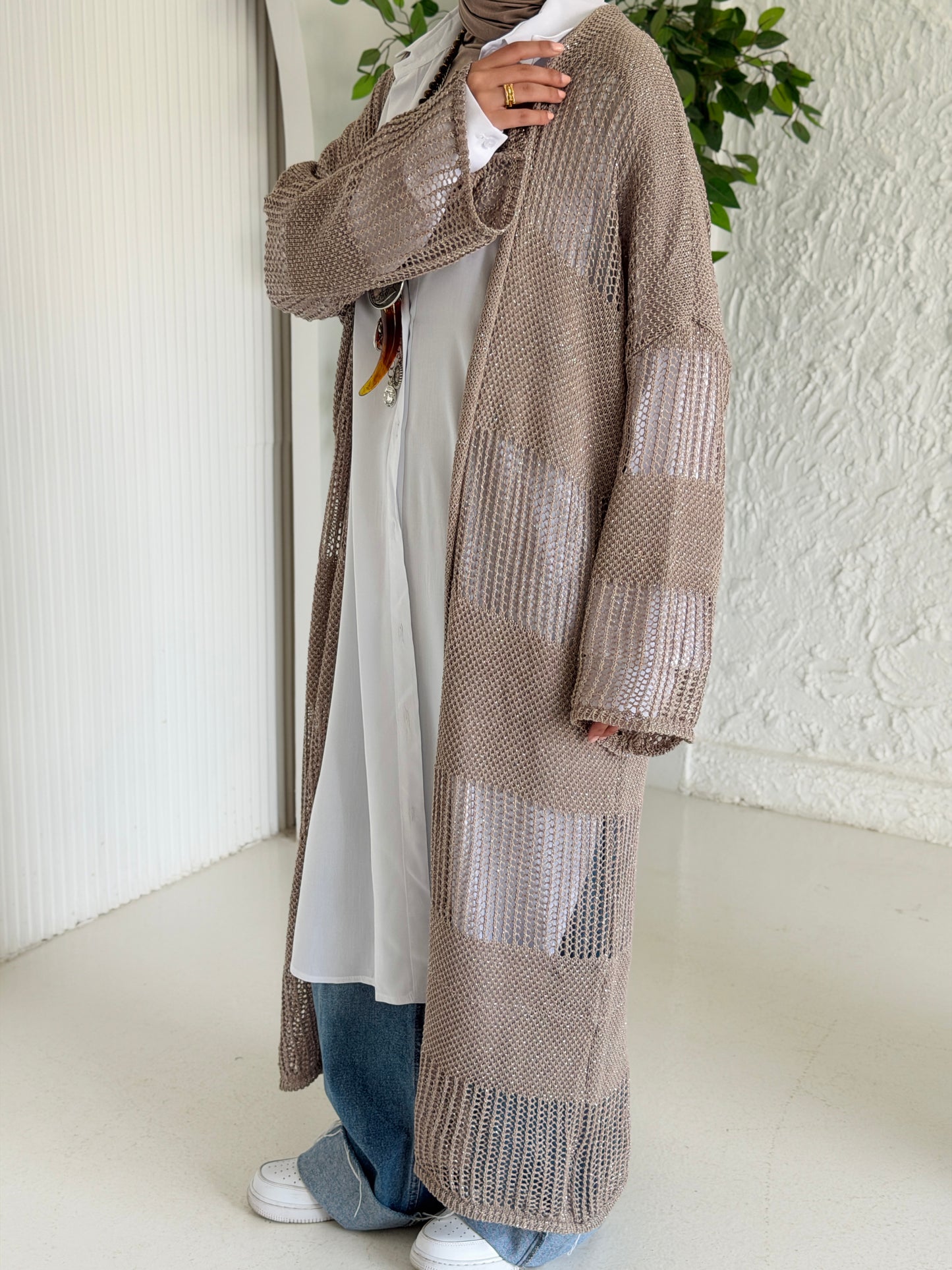 Eclipse Shimmer Crochet Cardigan In Beige