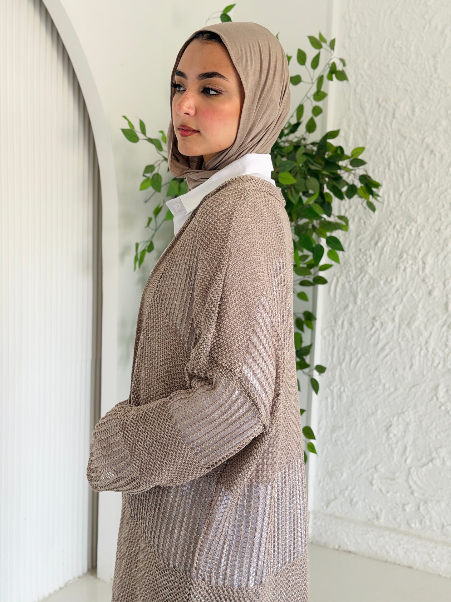 Eclipse Shimmer Crochet Cardigan In Beige