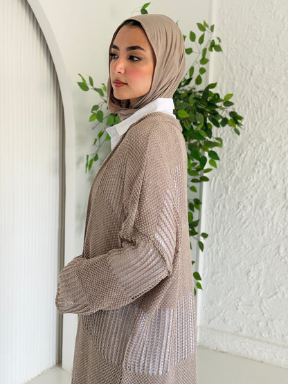 Eclipse Shimmer Crochet Cardigan In Beige