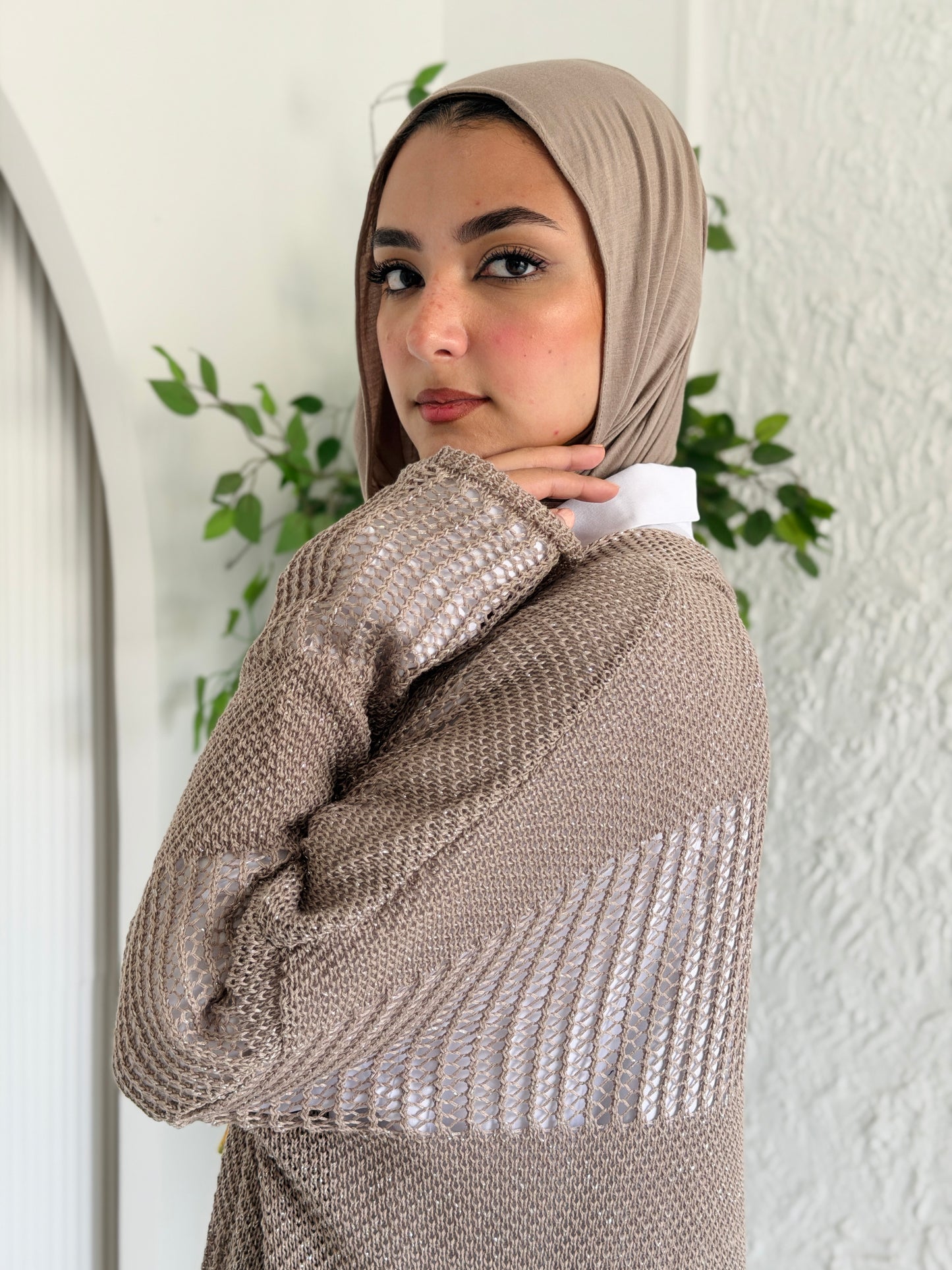 Eclipse Shimmer Crochet Cardigan In Beige
