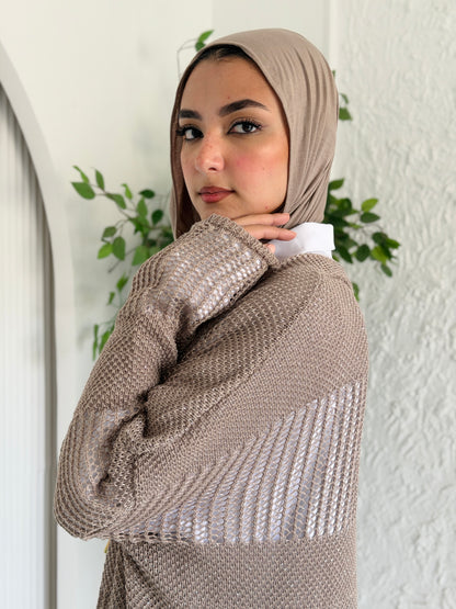 Eclipse Shimmer Crochet Cardigan In Beige
