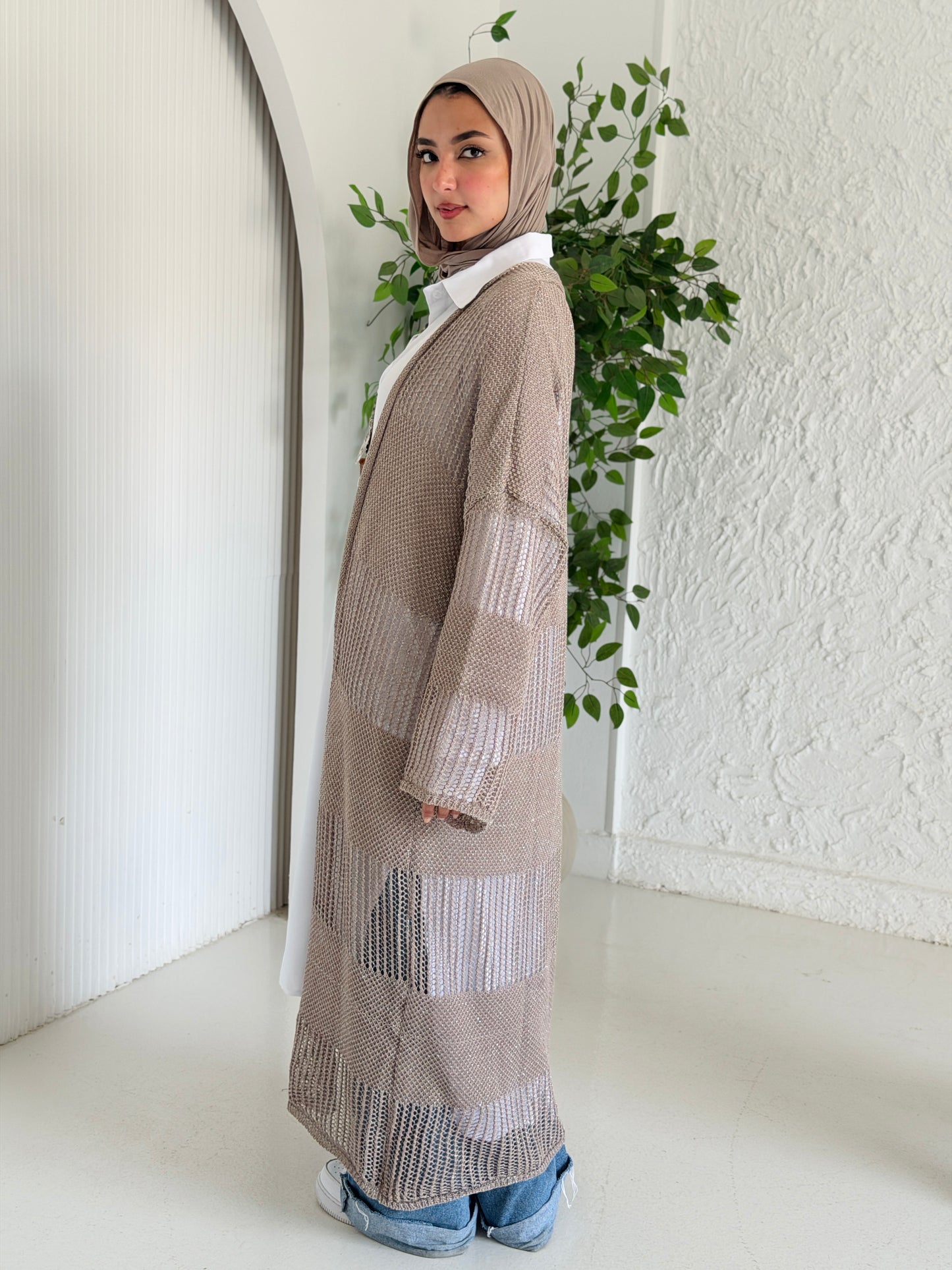 Eclipse Shimmer Crochet Cardigan In Beige