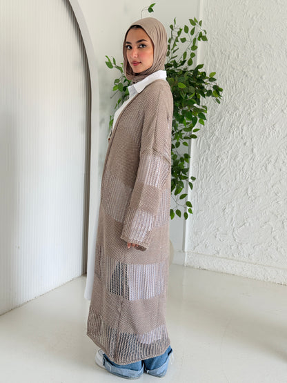 Eclipse Shimmer Crochet Cardigan In Beige