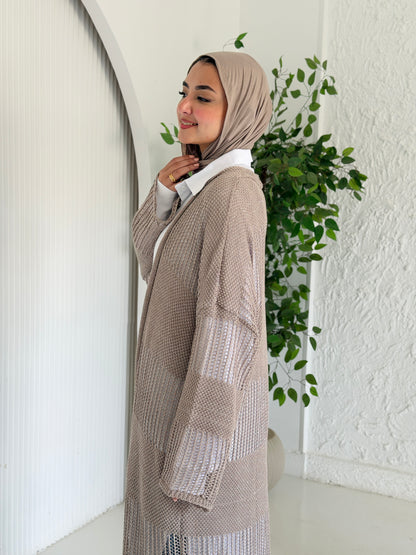 Eclipse Shimmer Crochet Cardigan In Beige