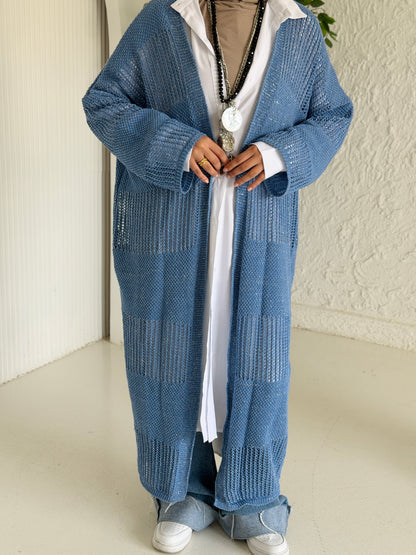Eclipse Shimmer Crochet Cardigan In baby blue