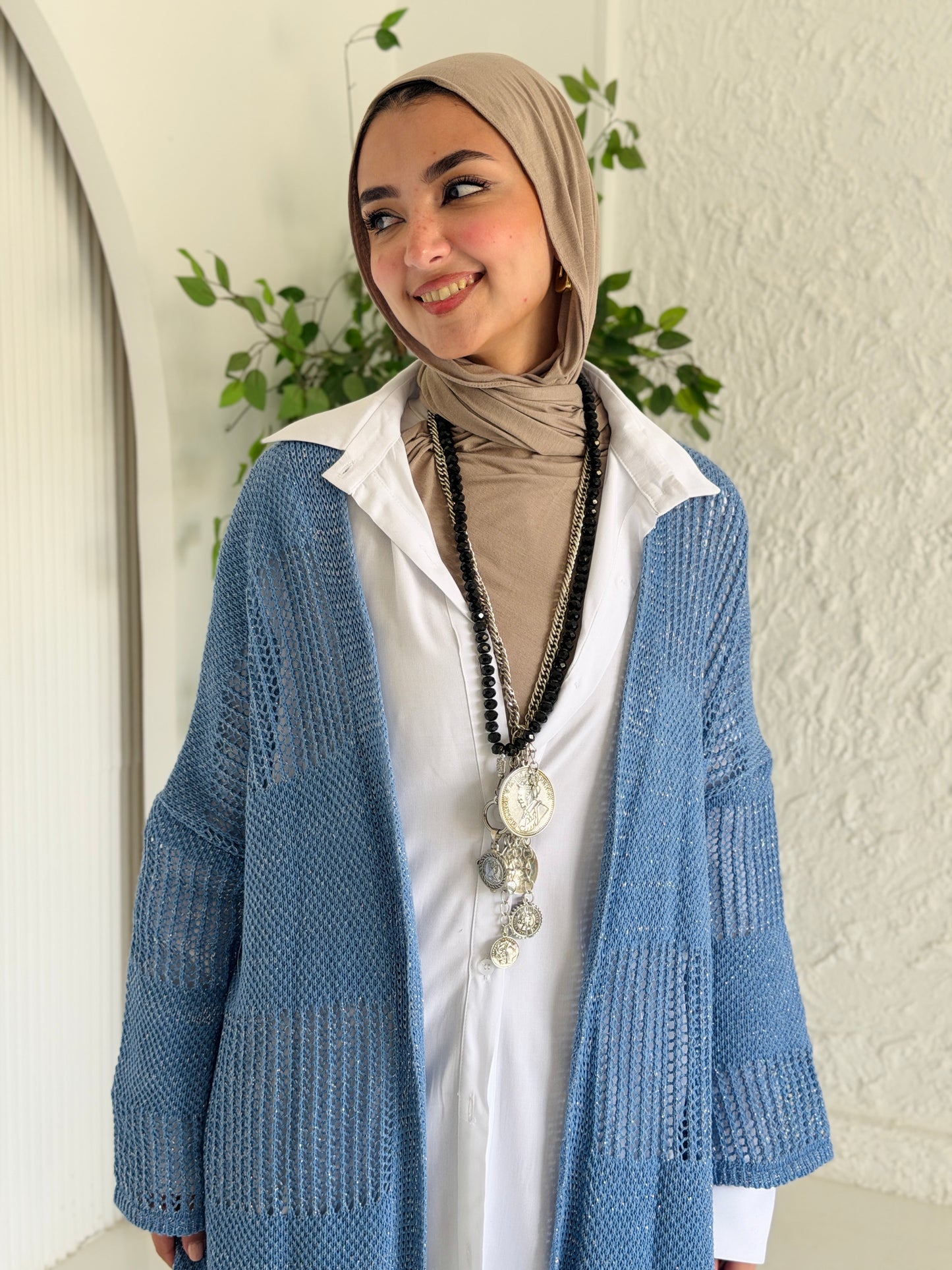 Eclipse Shimmer Crochet Cardigan In baby blue