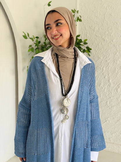 Eclipse Shimmer Crochet Cardigan In baby blue