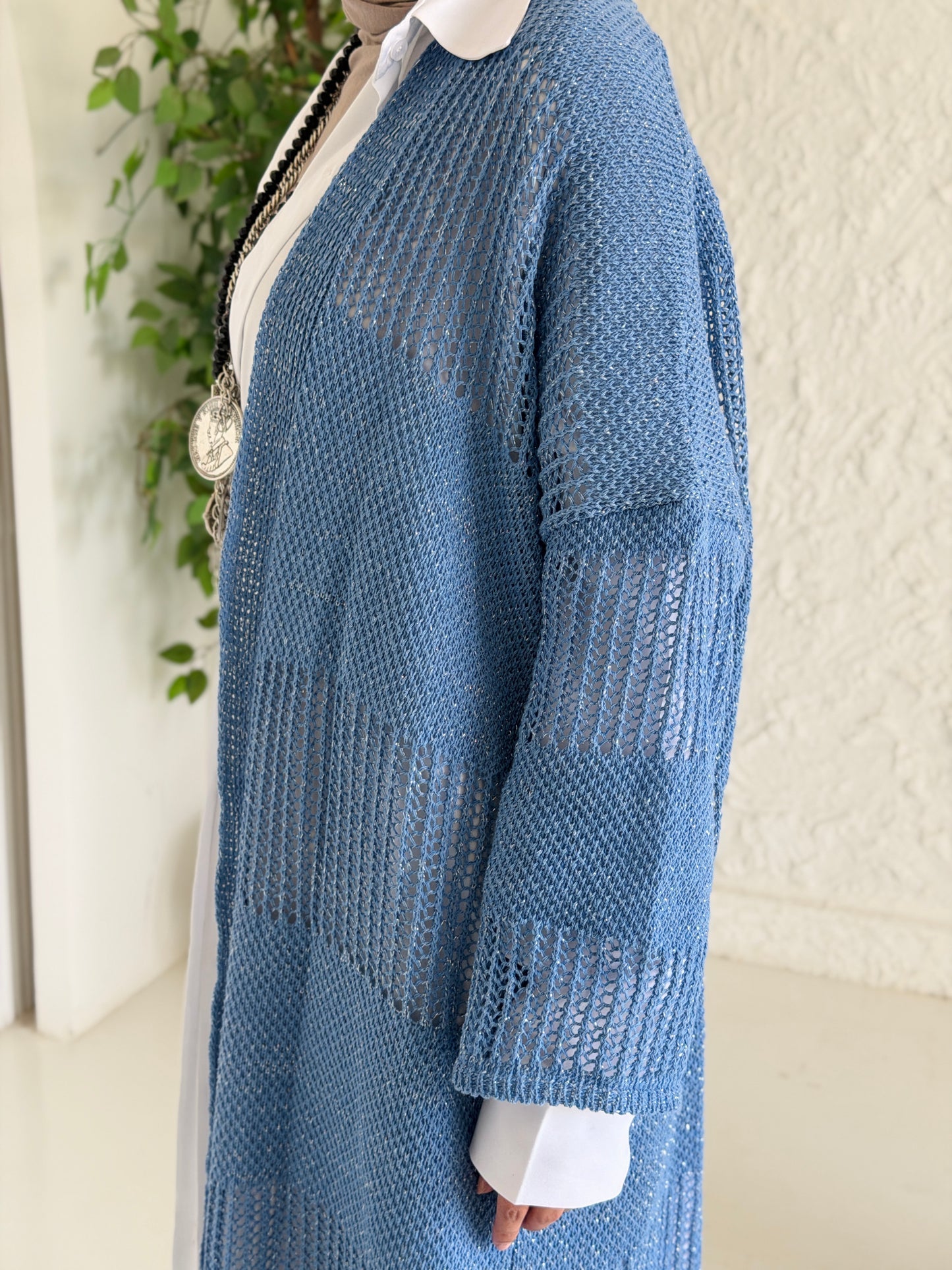 Eclipse Shimmer Crochet Cardigan In baby blue