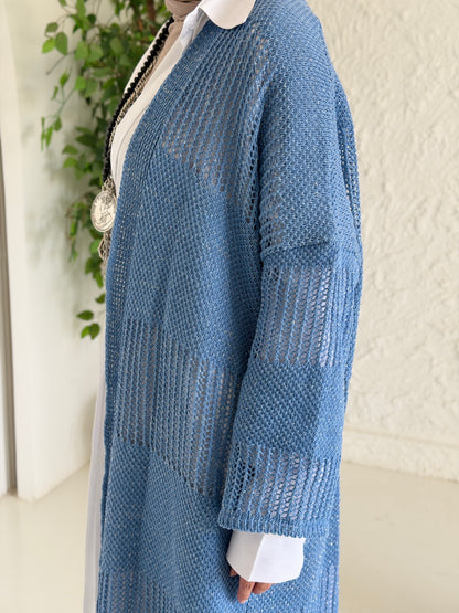 Eclipse Shimmer Crochet Cardigan In baby blue